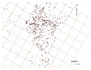 Point cloud from the Pratt Mammoth site shown in map view with the meter grid.