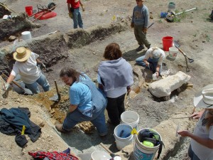 Volunteers excavate dinosaur fossils from the Woody site